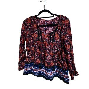 Womens Floral Boho Long-Sleeve Top With Tassel Tie Neckline Black/Red Size M